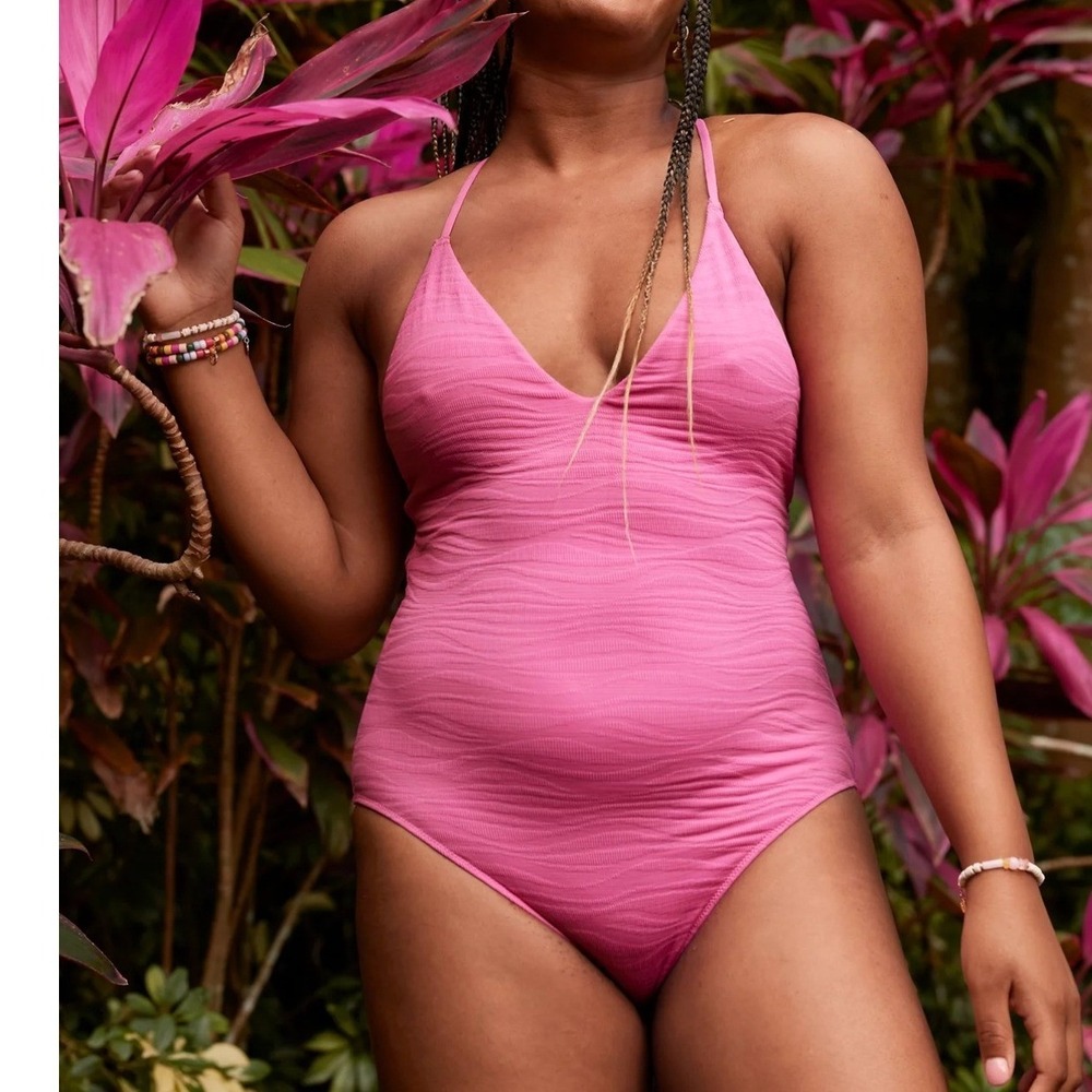 Pink One Piece Swimsuit With Open Back and Beaded‎ Straps